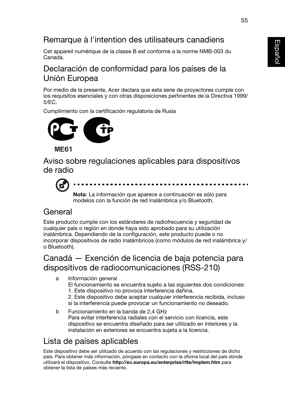 Remarque à l'intention des utilisateurs canadiens, General, Lista de países aplicables | Acer X1220 User Manual | Page 64 / 67