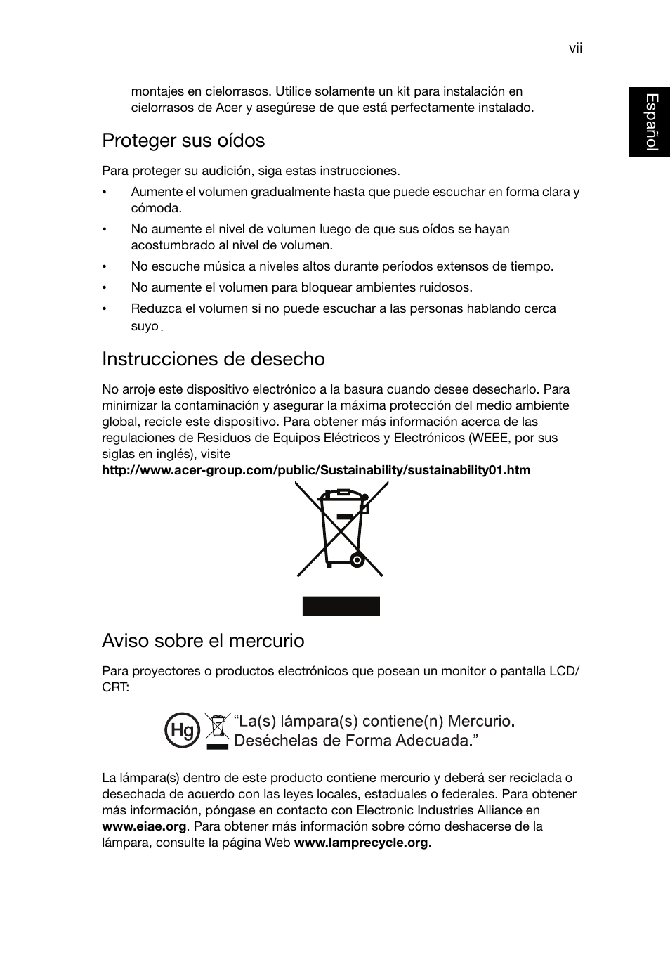 Proteger sus oídos, Instrucciones de desecho, Aviso sobre el mercurio | Acer X1220 User Manual | Page 7 / 67