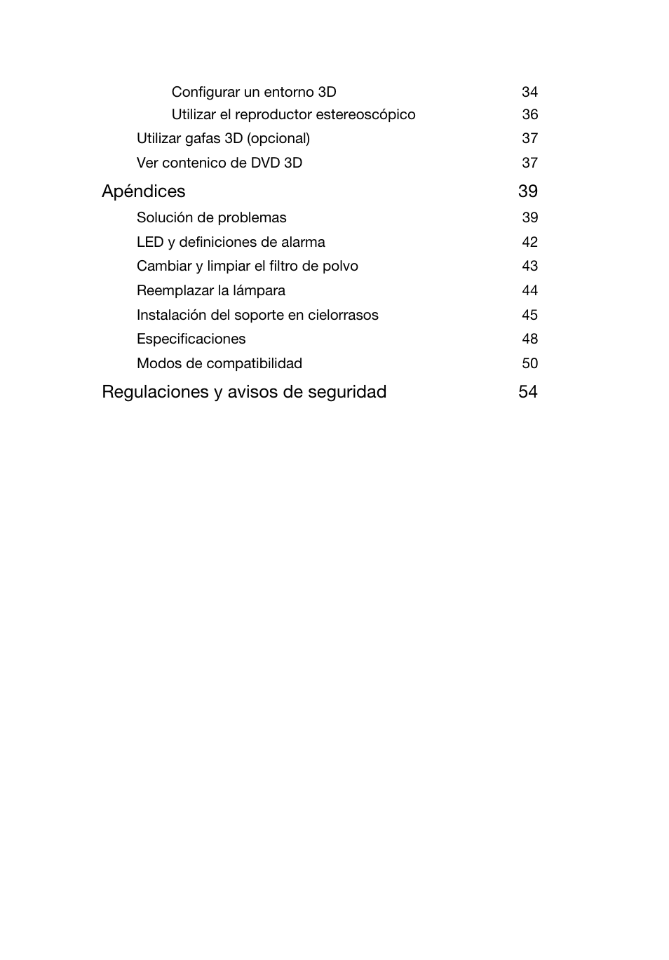 Apéndices 39, Regulaciones y avisos de seguridad 54 | Acer X1220 User Manual | Page 9 / 67