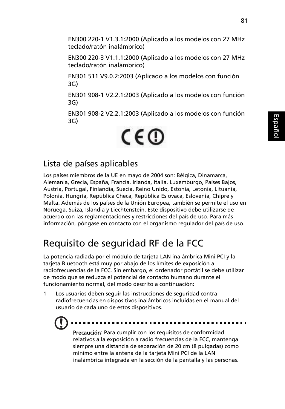 Requisito de seguridad rf de la fcc, Lista de países aplicables | Acer TravelMate 4280 User Manual | Page 101 / 108