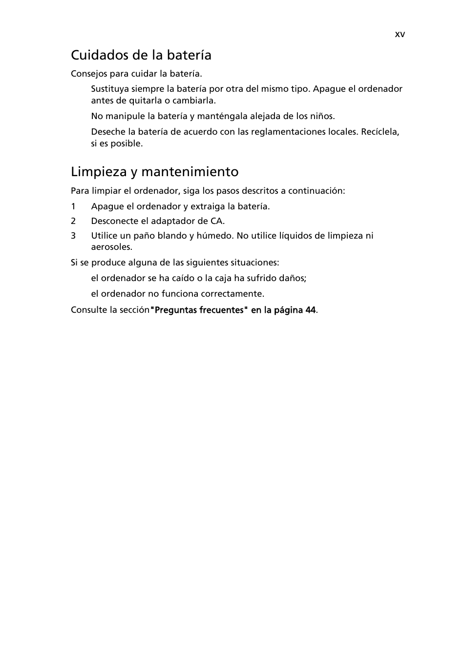 Cuidados de la batería, Limpieza y mantenimiento | Acer TravelMate 4280 User Manual | Page 15 / 108