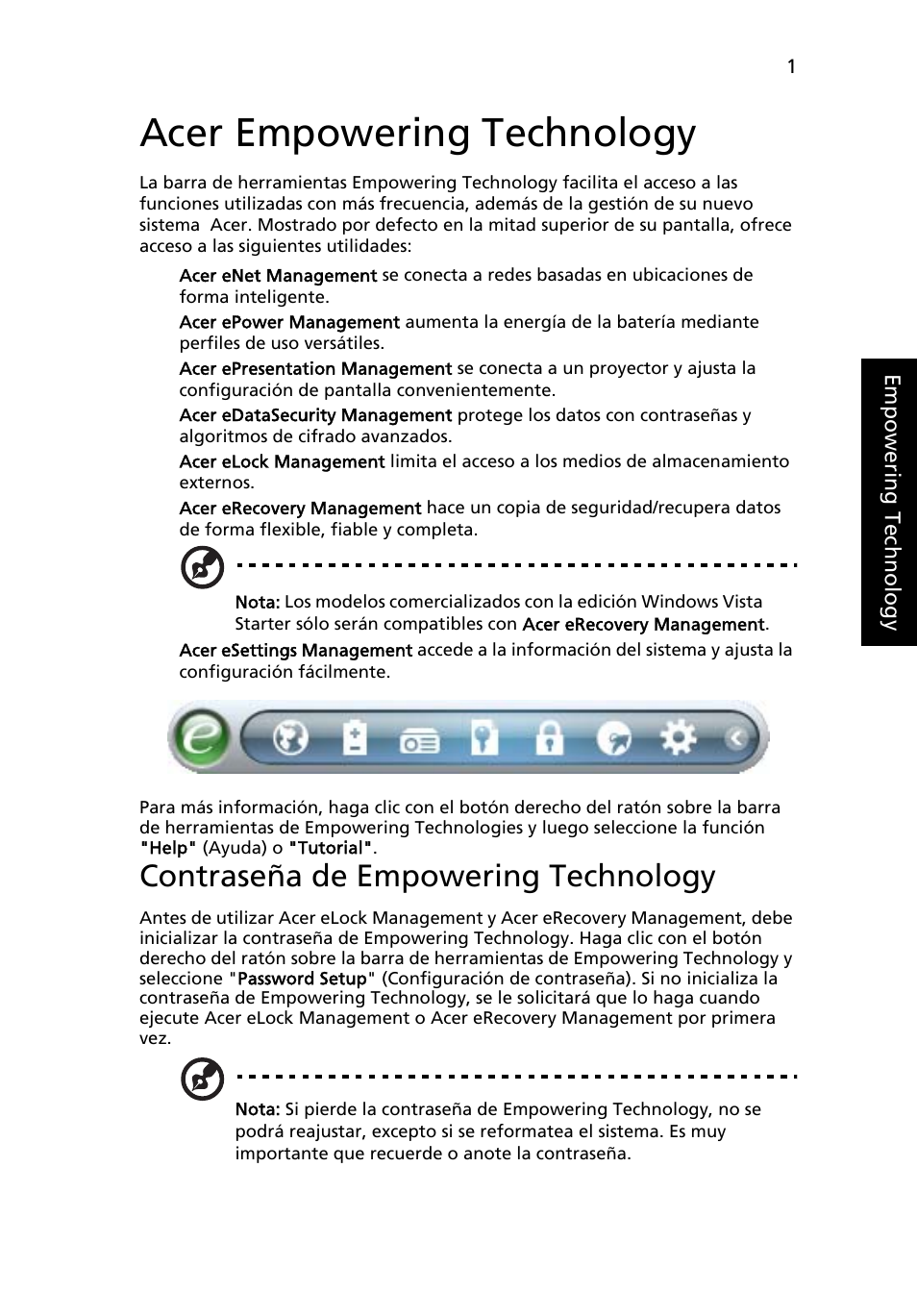 Acer empowering technology, Contraseña de empowering technology | Acer TravelMate 4280 User Manual | Page 21 / 108