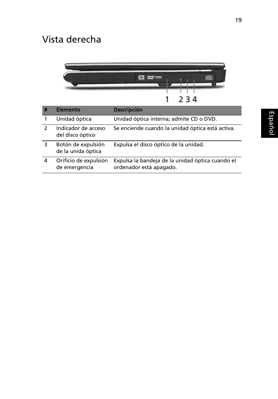 Vista derecha | Acer TravelMate 4280 User Manual | Page 39 / 108
