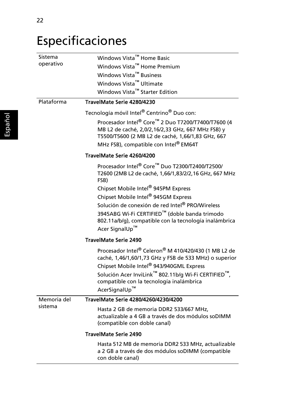 Especificaciones, Esp añol | Acer TravelMate 4280 User Manual | Page 42 / 108