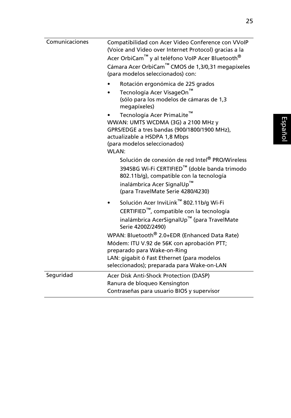 Es paño l | Acer TravelMate 4280 User Manual | Page 45 / 108