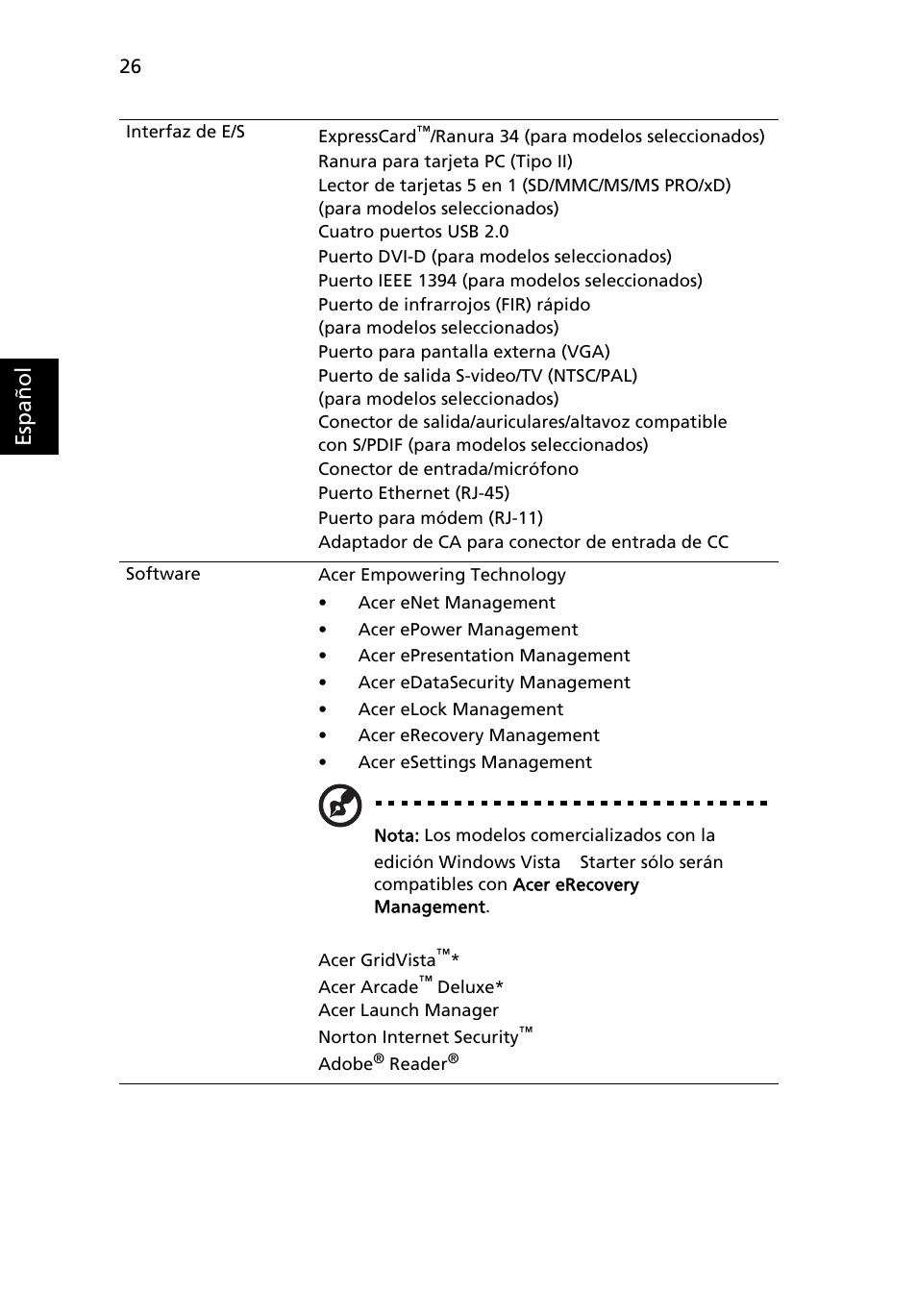 Esp añol | Acer TravelMate 4280 User Manual | Page 46 / 108