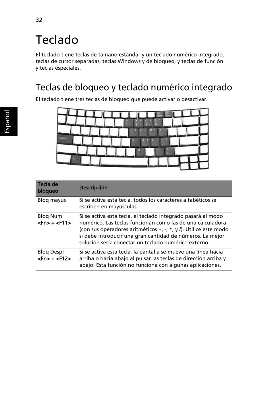 Teclado, Teclas de bloqueo y teclado numérico integrado | Acer TravelMate 4280 User Manual | Page 52 / 108