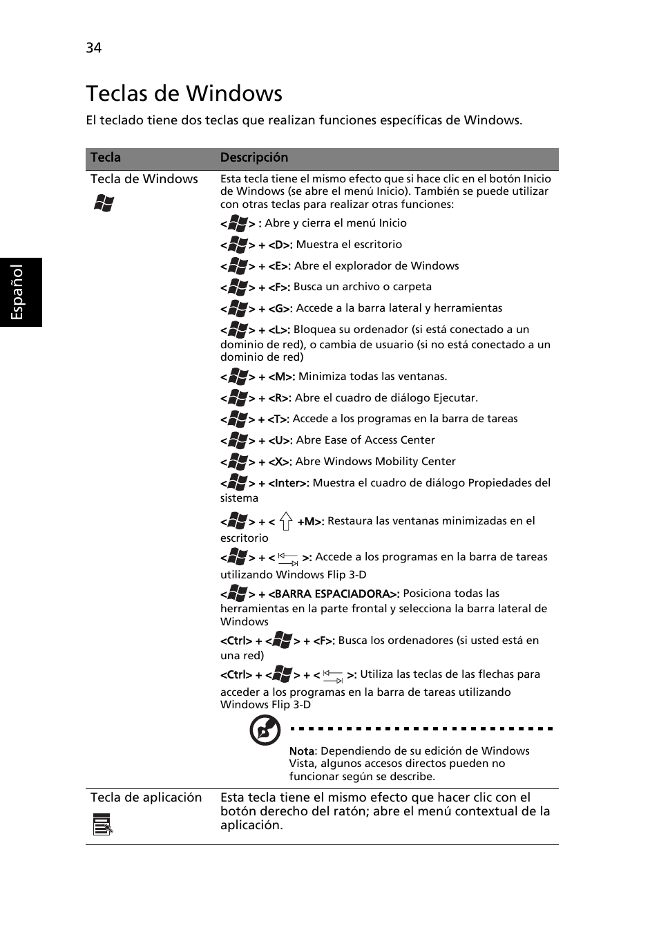 Teclas de windows, Esp añol | Acer TravelMate 4280 User Manual | Page 54 / 108