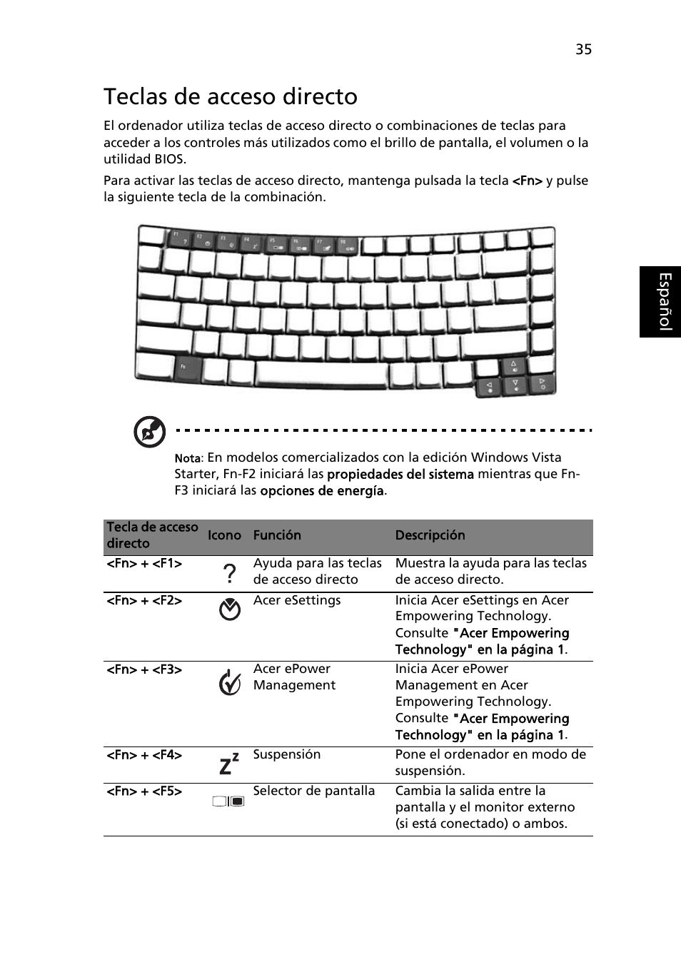 Teclas de acceso directo | Acer TravelMate 4280 User Manual | Page 55 / 108