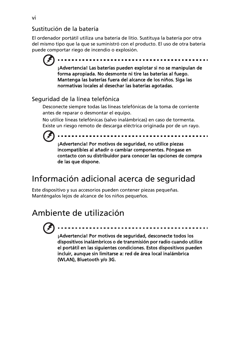 Información adicional acerca de seguridad, Ambiente de utilización | Acer TravelMate 4280 User Manual | Page 6 / 108