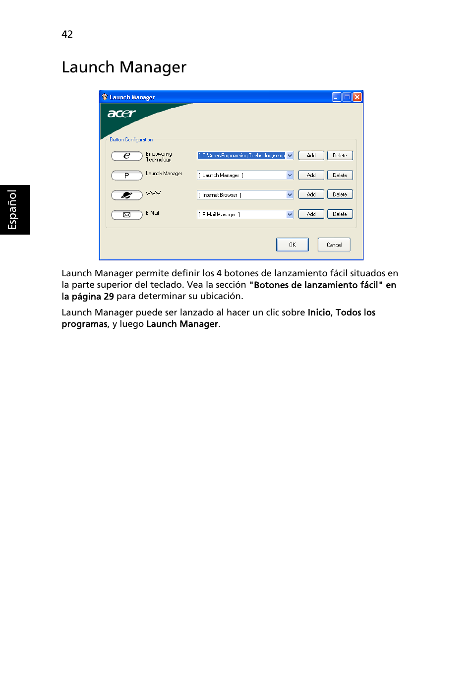 Launch manager | Acer TravelMate 4280 User Manual | Page 62 / 108