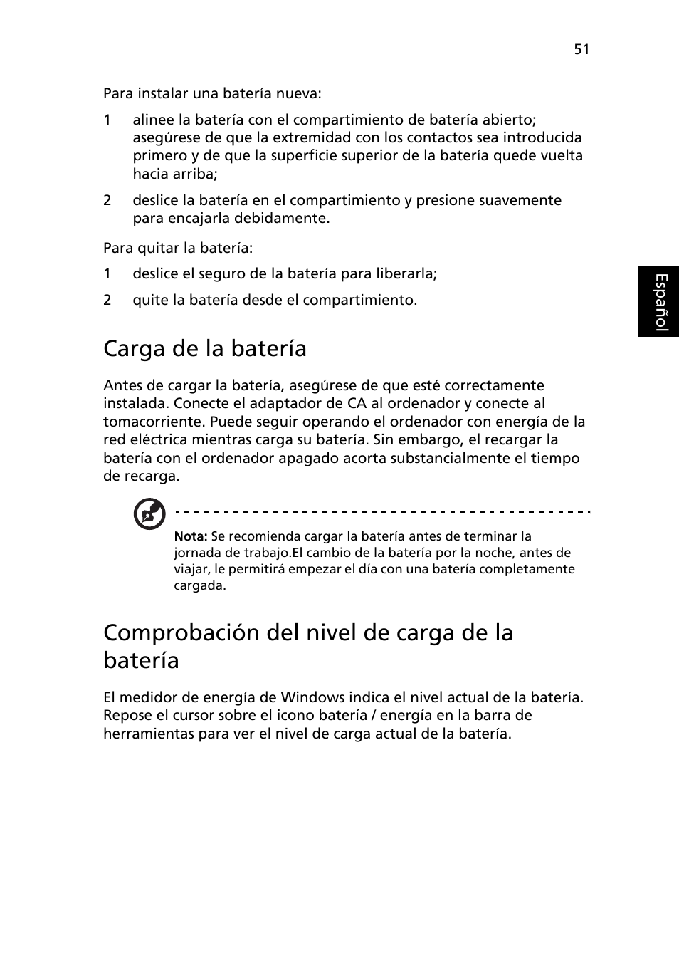 Carga de la batería, Comprobación del nivel de carga de la batería | Acer TravelMate 4280 User Manual | Page 71 / 108