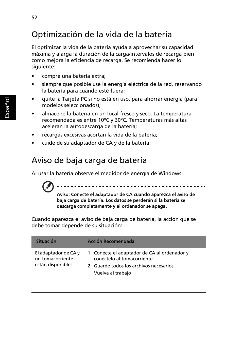 Optimización de la vida de la batería, Aviso de baja carga de batería | Acer TravelMate 4280 User Manual | Page 72 / 108