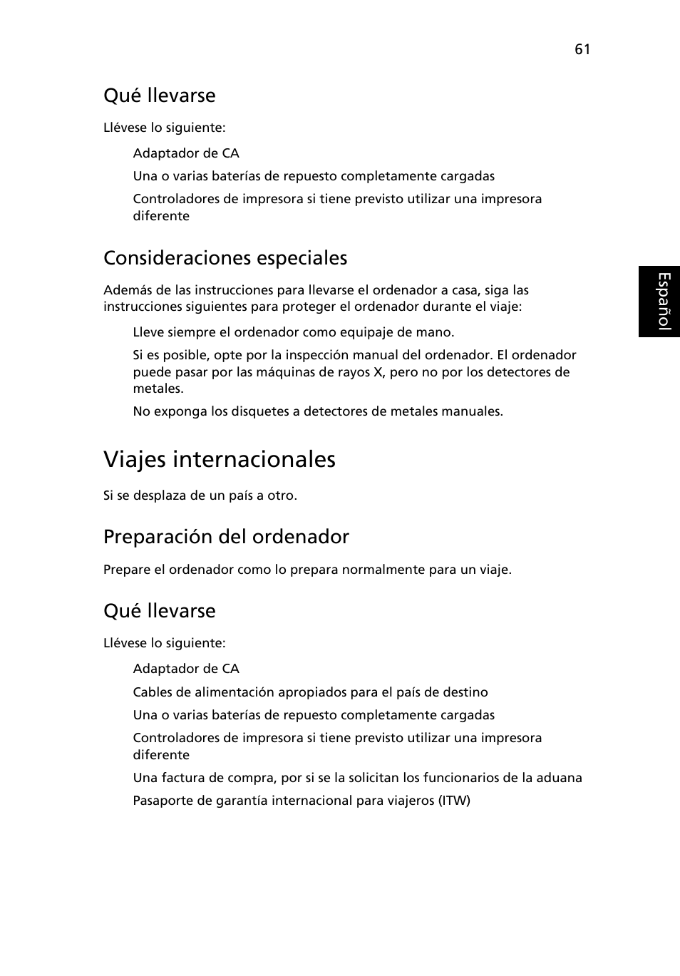 Viajes internacionales, Qué llevarse, Consideraciones especiales | Preparación del ordenador | Acer TravelMate 4280 User Manual | Page 81 / 108