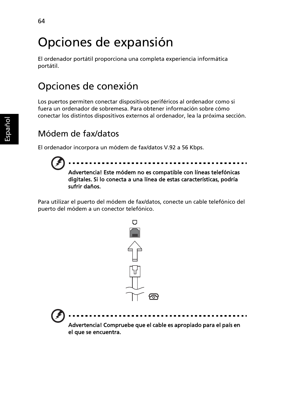 Opciones de expansión, Opciones de conexión, Módem de fax/datos | Acer TravelMate 4280 User Manual | Page 84 / 108