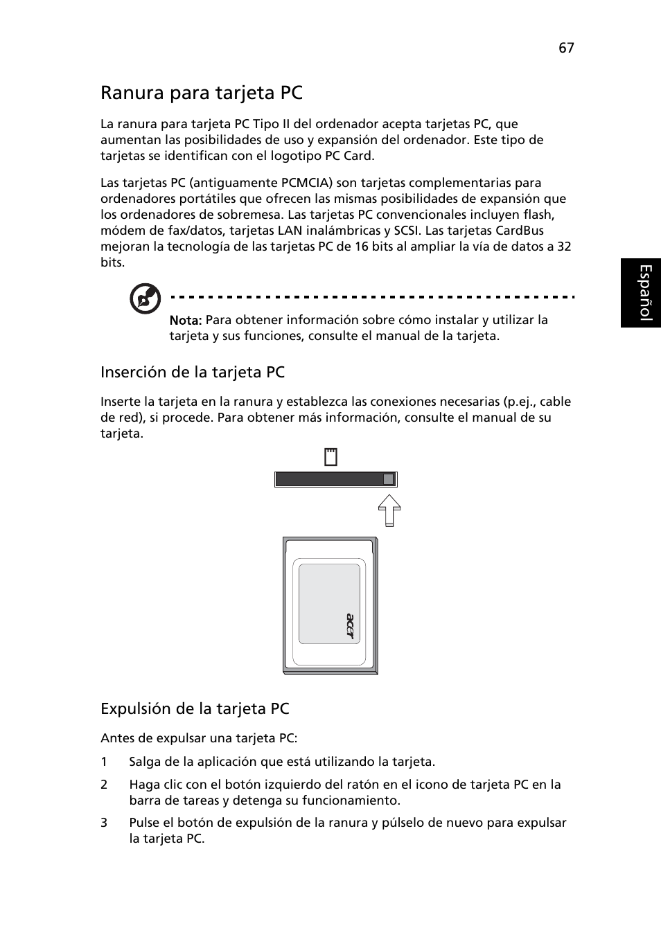 Ranura para tarjeta pc | Acer TravelMate 4280 User Manual | Page 87 / 108