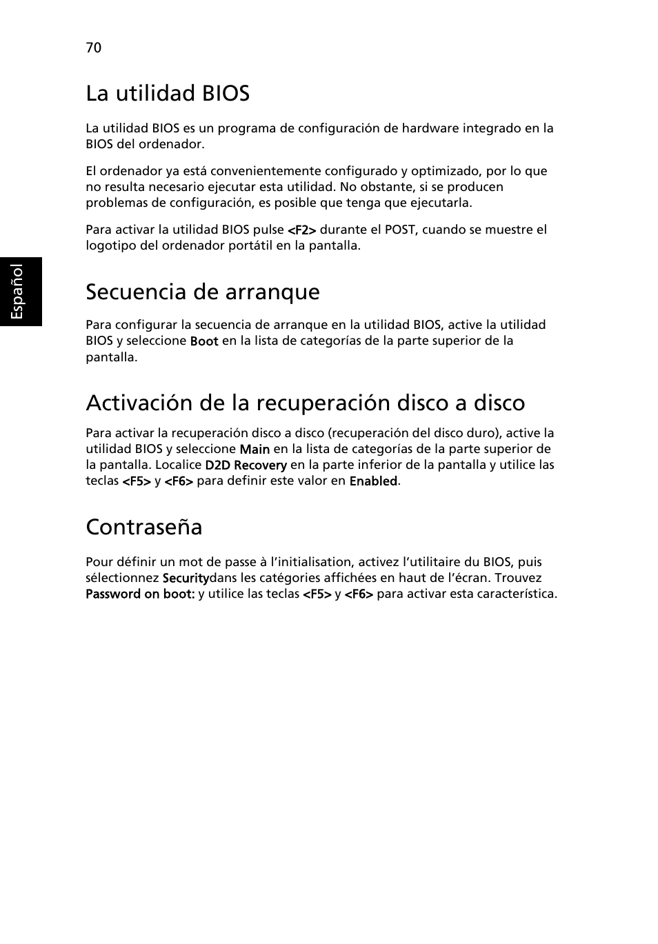 La utilidad bios, Secuencia de arranque, Activación de la recuperación disco a disco | Contraseña | Acer TravelMate 4280 User Manual | Page 90 / 108