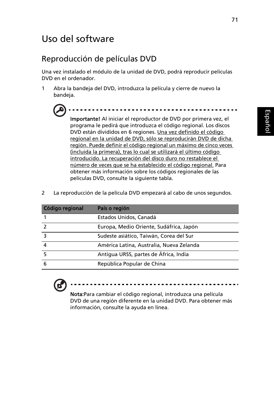 Uso del software, Reproducción de películas dvd | Acer TravelMate 4280 User Manual | Page 91 / 108