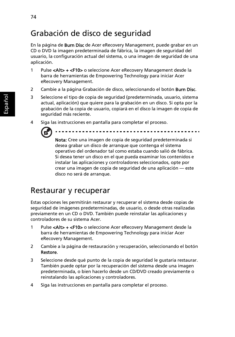 Grabación de disco de seguridad, Restaurar y recuperar | Acer TravelMate 4280 User Manual | Page 94 / 108