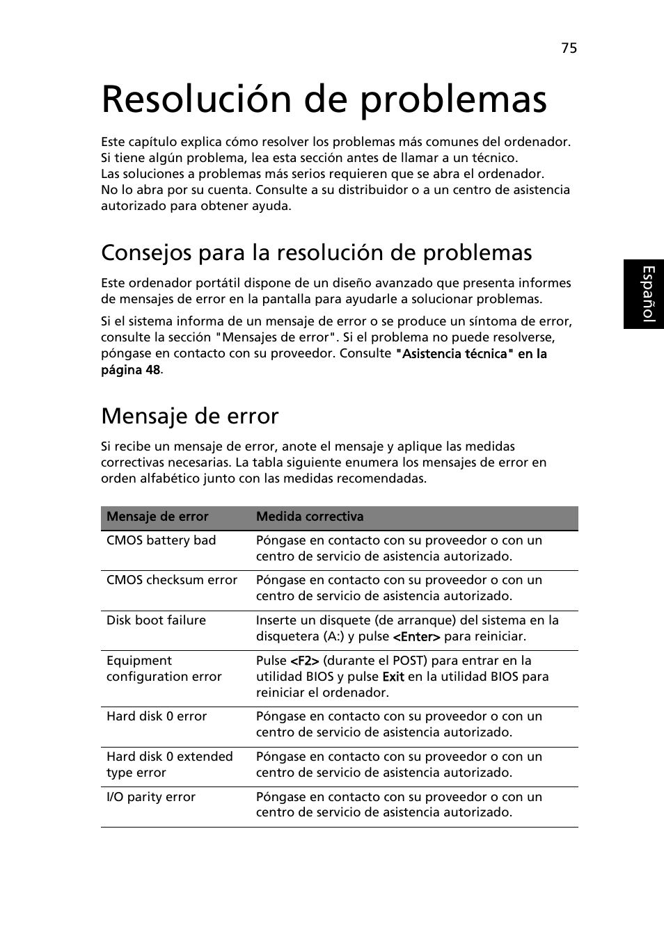 Resolución de problemas, Consejos para la resolución de problemas, Mensaje de error | Acer TravelMate 4280 User Manual | Page 95 / 108