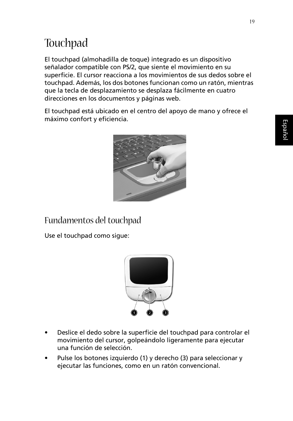 Touchpad, Fundamentos del touchpad | Acer Aspire 1620 User Manual | Page 29 / 98