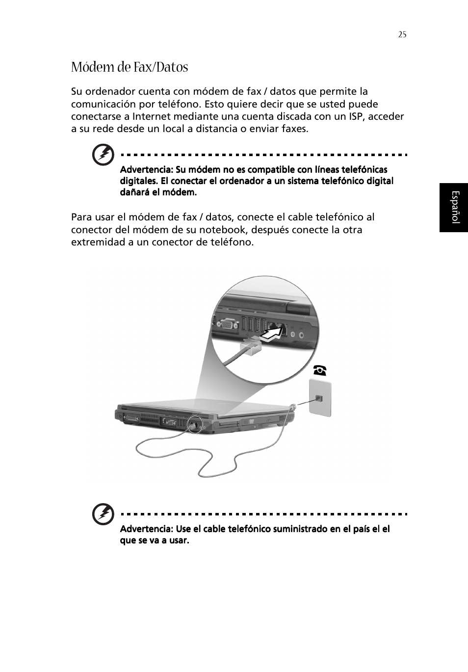 Módem de fax/datos | Acer Aspire 1620 User Manual | Page 35 / 98