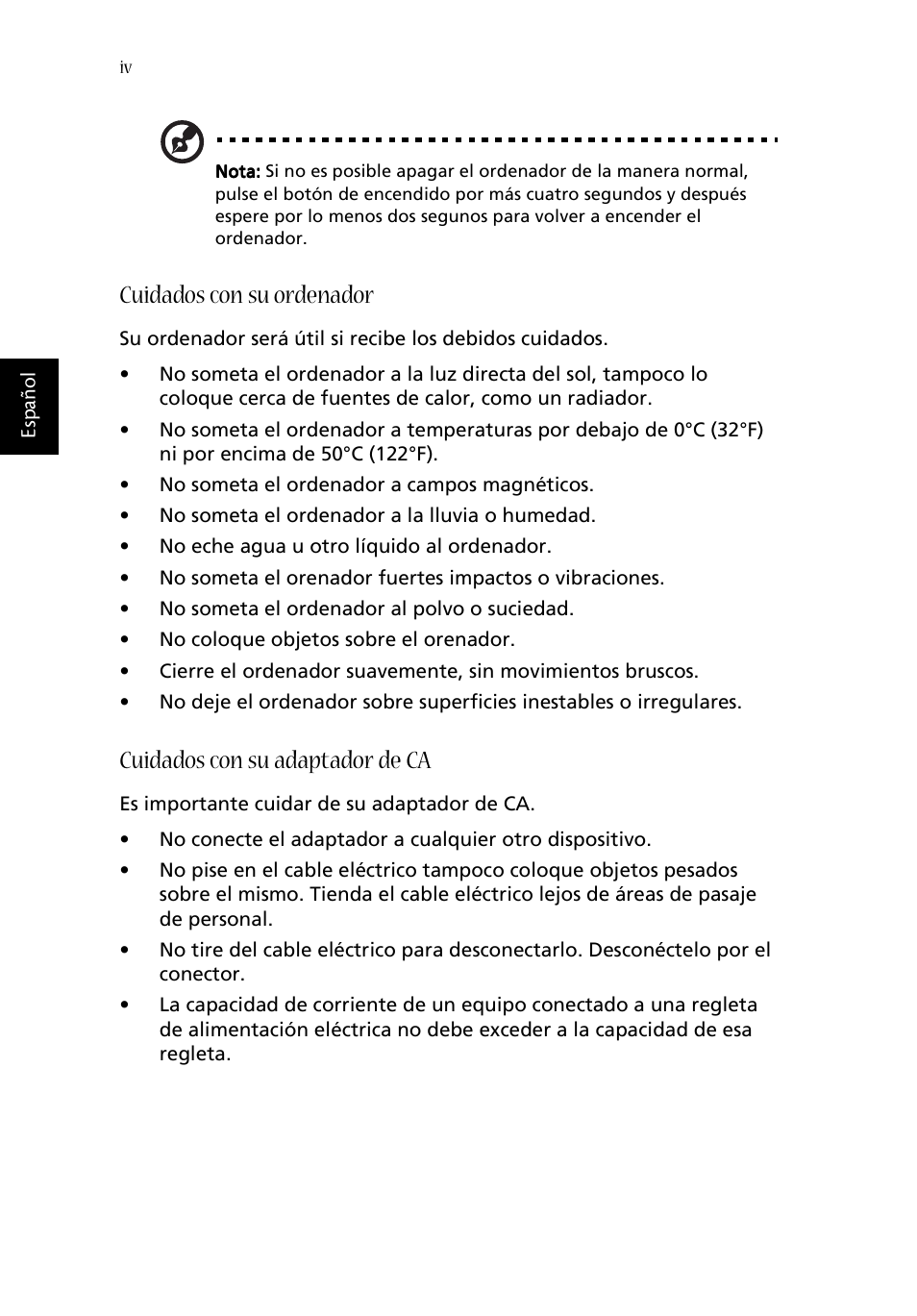 Cuidados con su ordenador, Cuidados con su adaptador de ca | Acer Aspire 1620 User Manual | Page 4 / 98