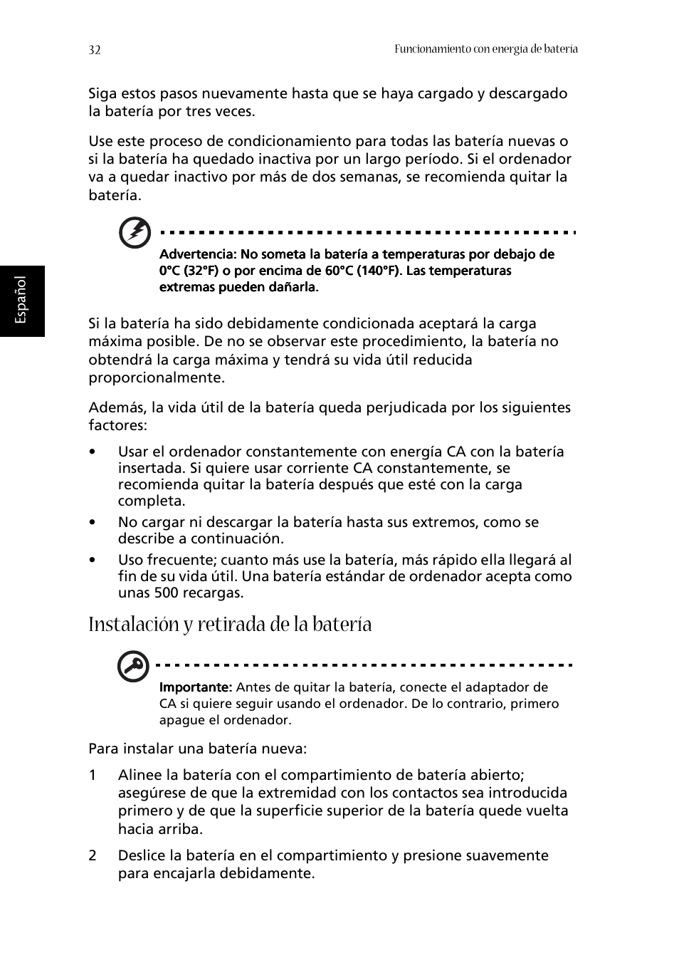 Instalación y retirada de la batería | Acer Aspire 1620 User Manual | Page 42 / 98