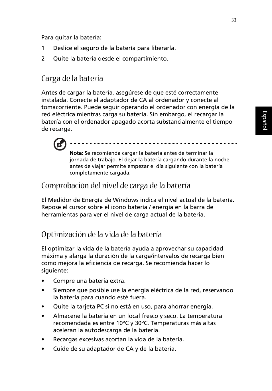 Carga de la batería, Comprobación del nivel de carga de la batería, Optimización de la vida de la batería | Acer Aspire 1620 User Manual | Page 43 / 98