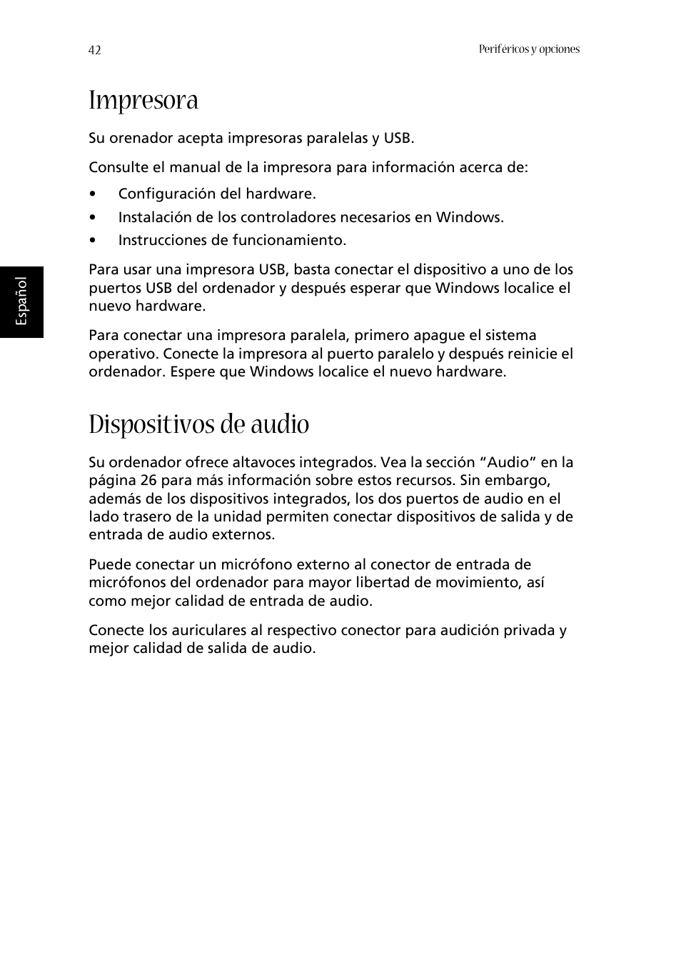 Impresora, Dispositivos de audio | Acer Aspire 1620 User Manual | Page 52 / 98