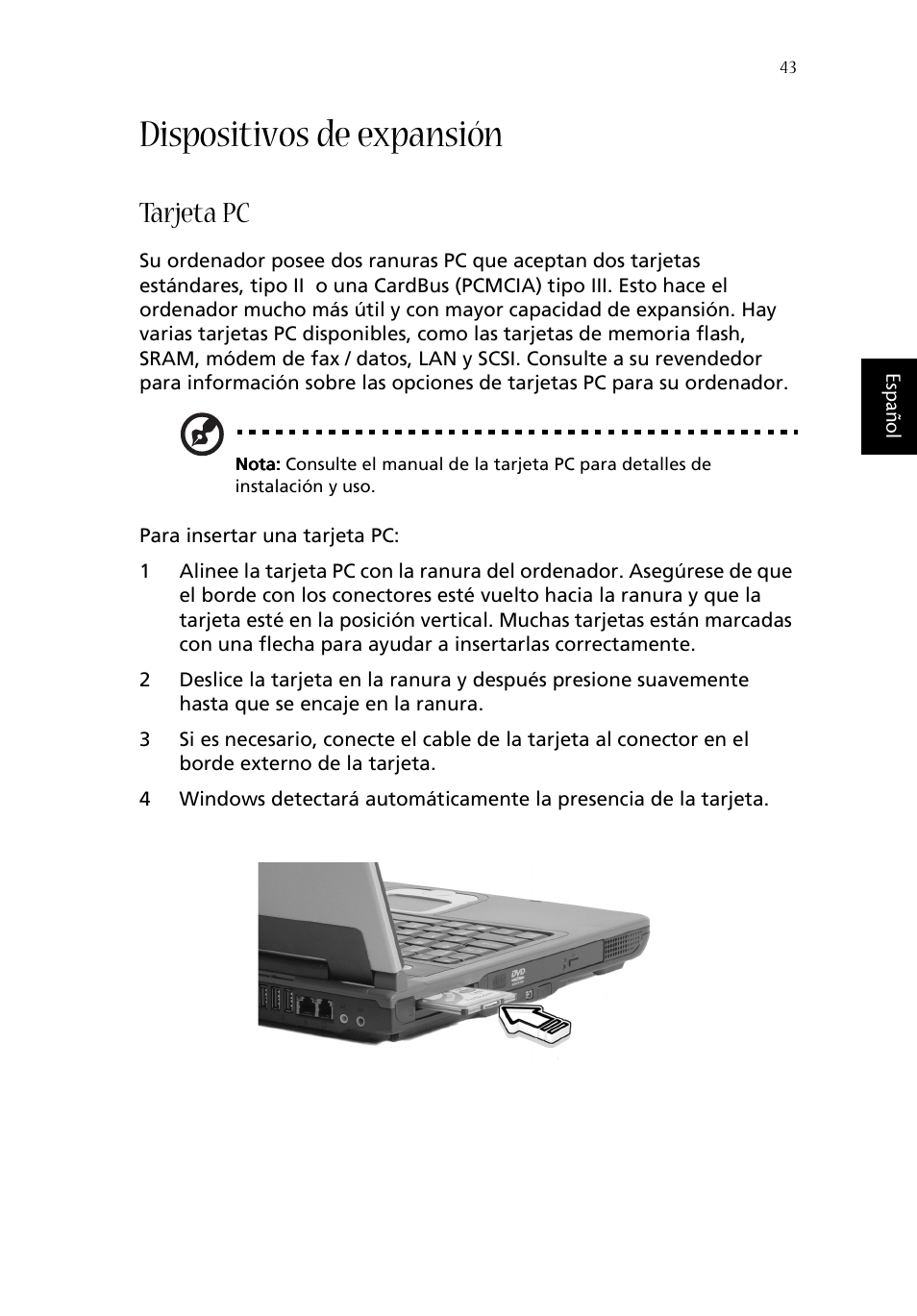 Dispositivos de expansión, Tarjeta pc | Acer Aspire 1620 User Manual | Page 53 / 98