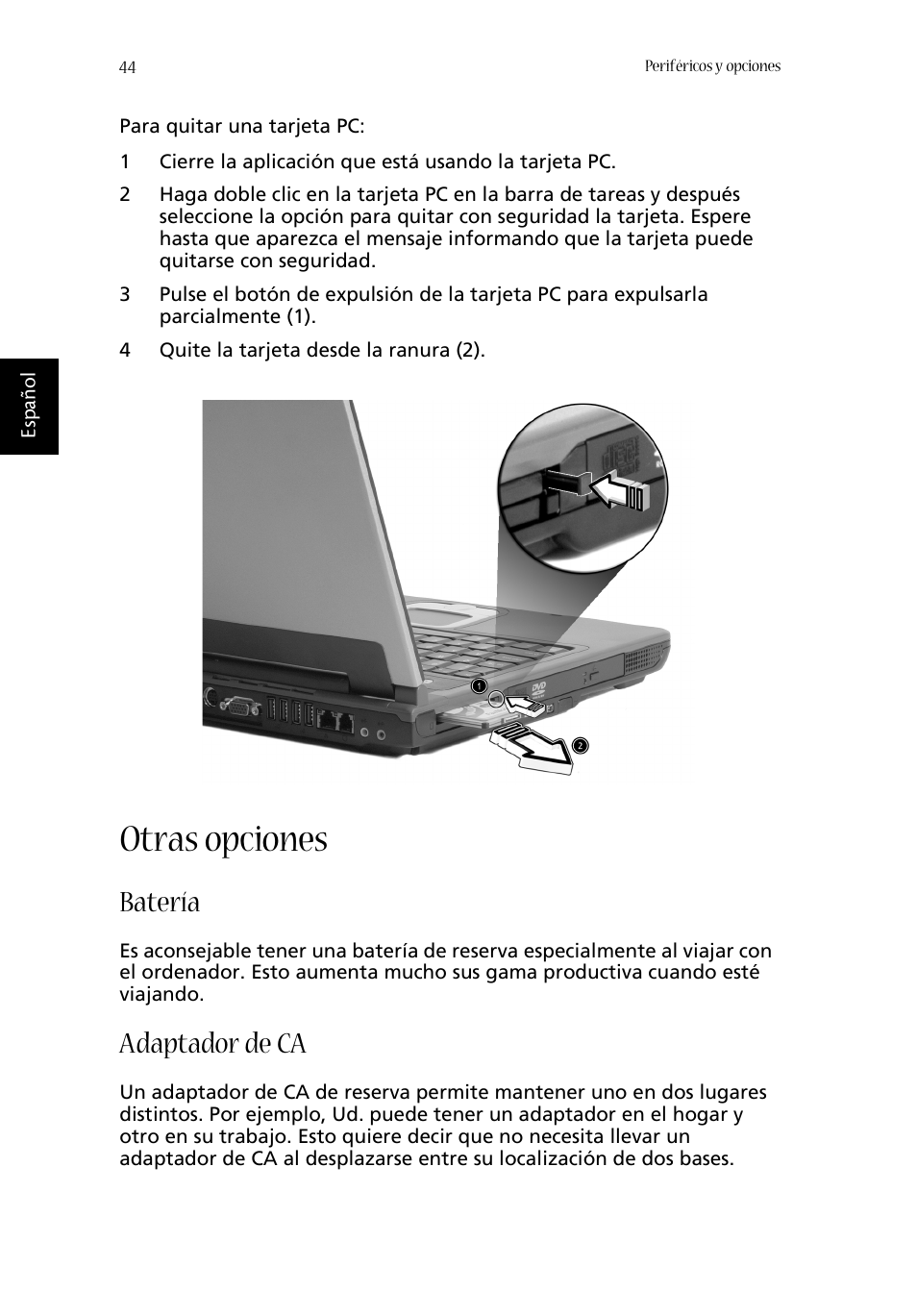 Otras opciones, Batería, Adaptador de ca | Acer Aspire 1620 User Manual | Page 54 / 98