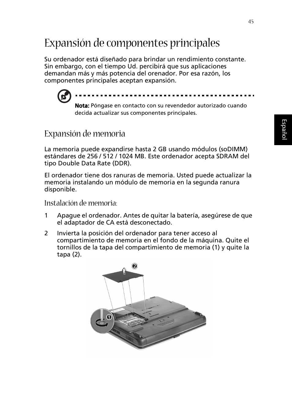 Expansión de componentes principales, Expansión de memoria | Acer Aspire 1620 User Manual | Page 55 / 98