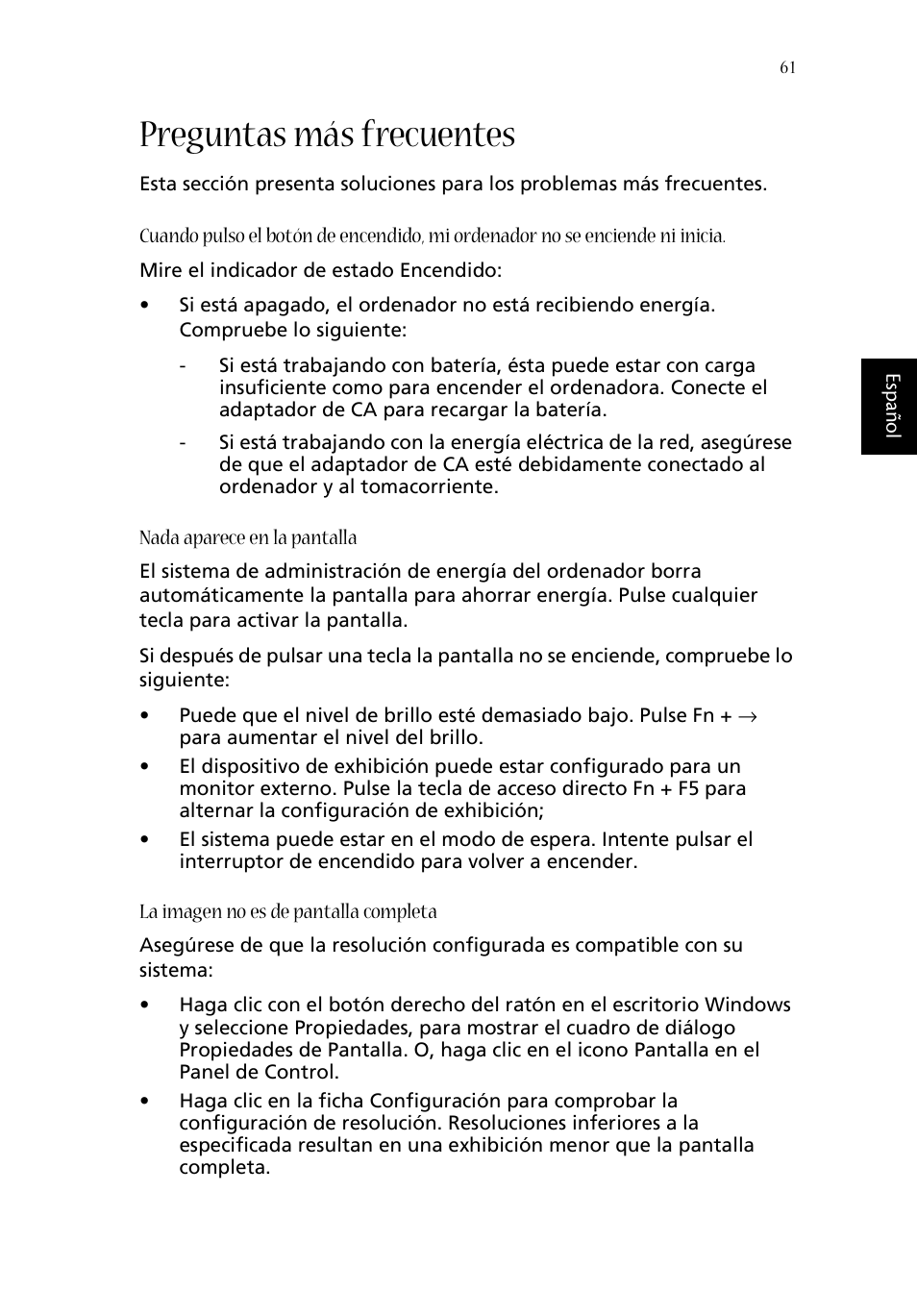 Preguntas más frecuentes | Acer Aspire 1620 User Manual | Page 71 / 98