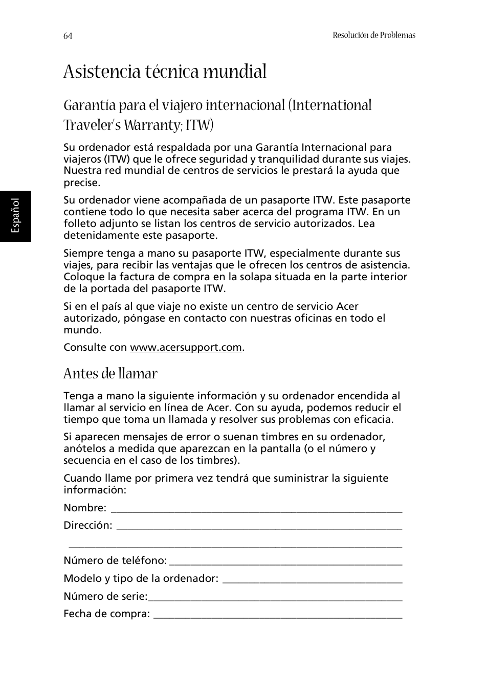 Asistencia técnica mundial, Antes de llamar | Acer Aspire 1620 User Manual | Page 74 / 98