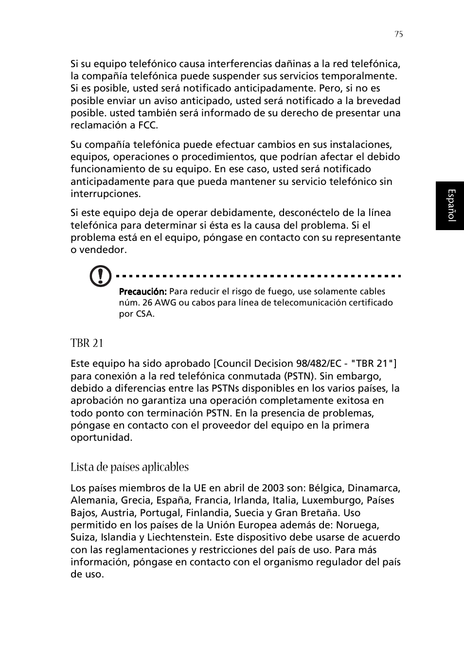 Tbr 21, Lista de países aplicables | Acer Aspire 1620 User Manual | Page 85 / 98