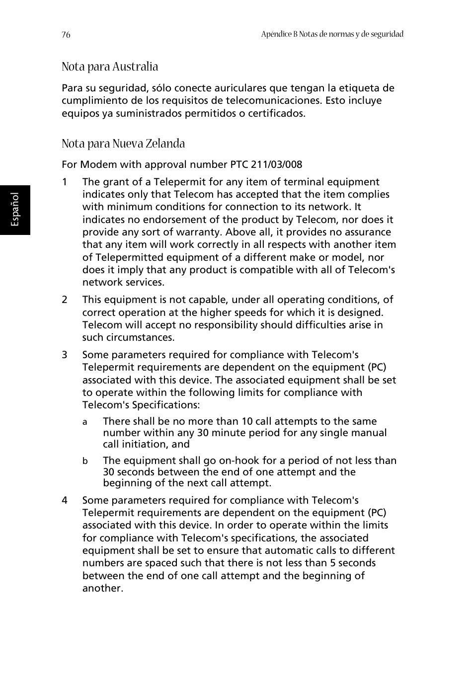 Nota para australia, Nota para nueva zelanda | Acer Aspire 1620 User Manual | Page 86 / 98