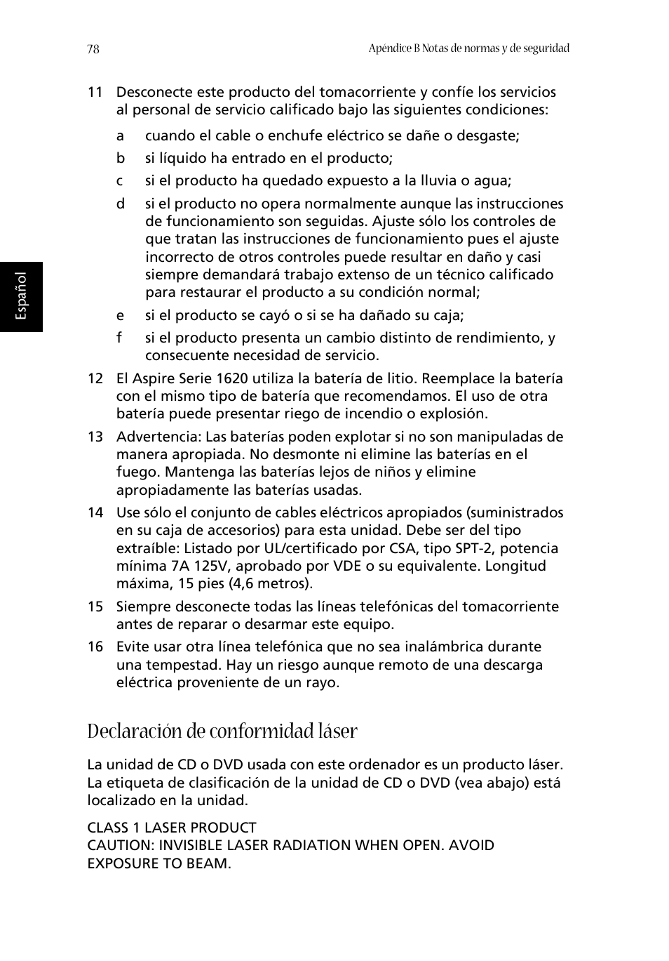 Declaración de conformidad láser | Acer Aspire 1620 User Manual | Page 88 / 98