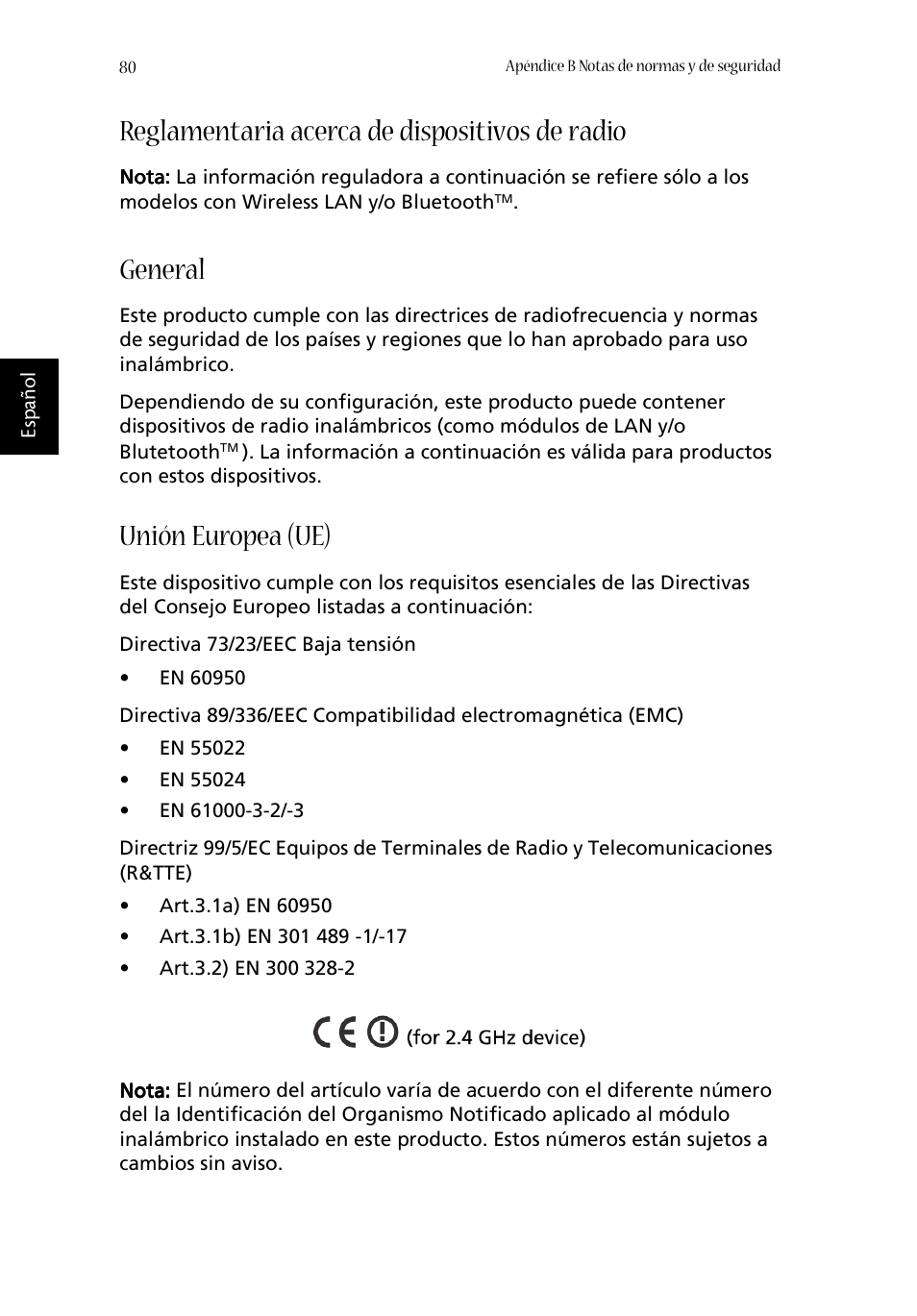 Reglamentaria acerca de dispositivos de radio, General, Unión europea (ue) | Acer Aspire 1620 User Manual | Page 90 / 98