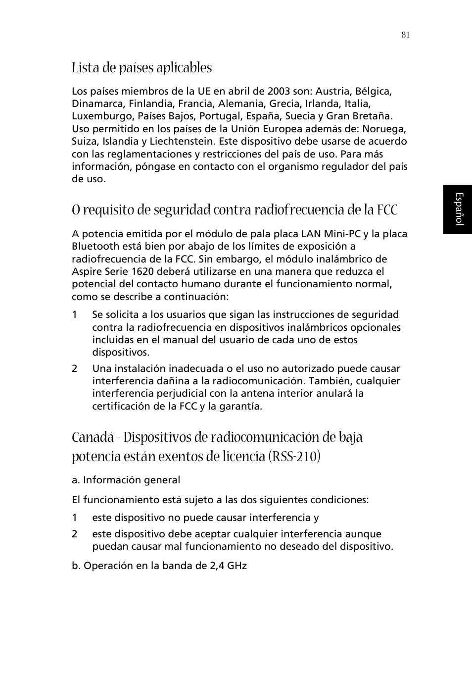 Lista de países aplicables | Acer Aspire 1620 User Manual | Page 91 / 98