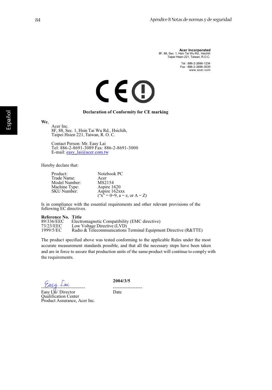 Es p añ o l | Acer Aspire 1620 User Manual | Page 94 / 98