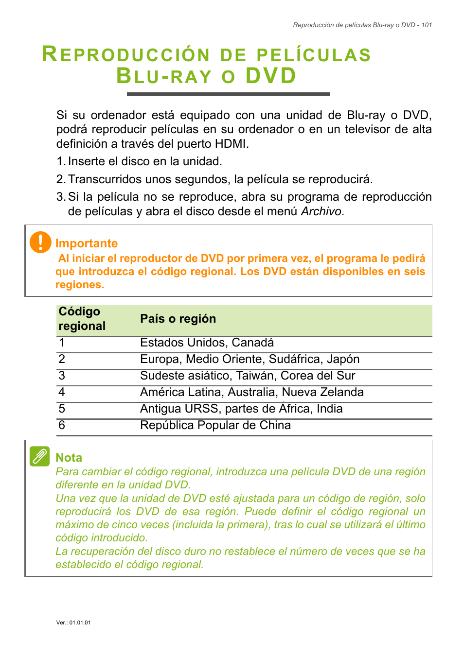 Reproducción de películas blu-ray o dvd, Reproducción de películas, Blu-ray o dvd | Eproducción, Películas | Acer Aspire E1-470PG User Manual | Page 101 / 101