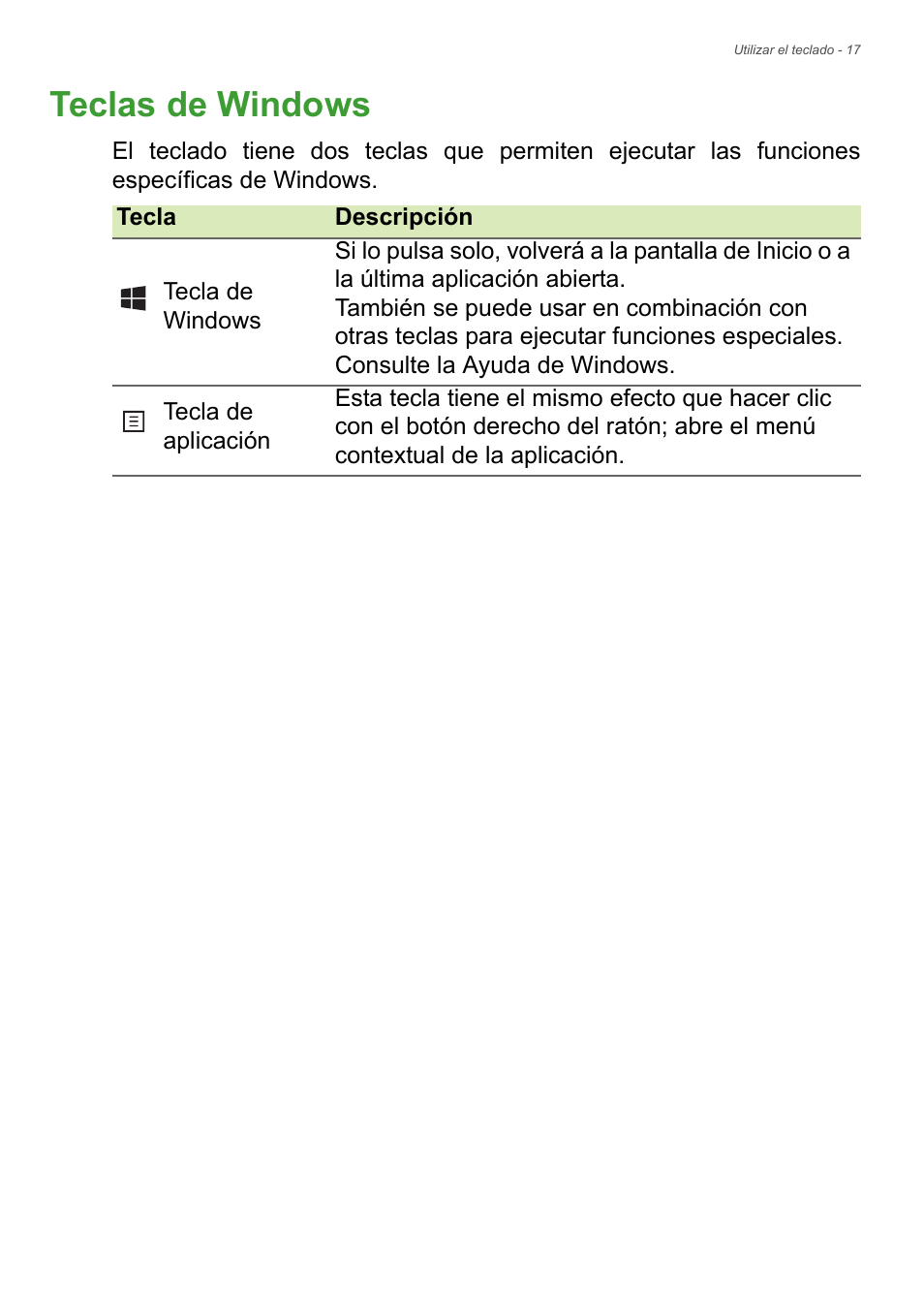 Teclas de windows | Acer Aspire E1-470PG User Manual | Page 17 / 101