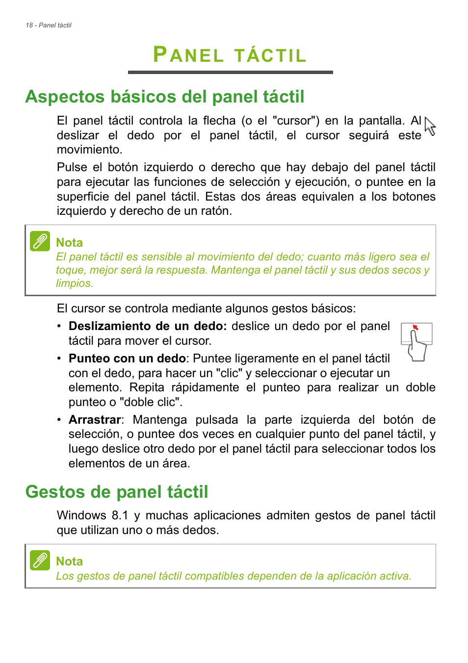 Panel táctil, Aspectos básicos del panel táctil, Gestos de panel táctil | Anel, Táctil aspectos básicos del panel táctil | Acer Aspire E1-470PG User Manual | Page 18 / 101