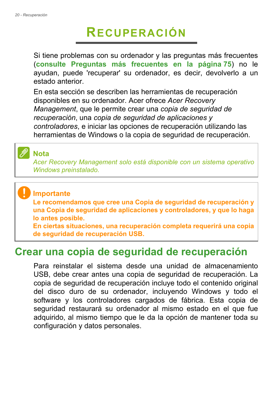 Recuperación, Crear una copia de seguridad de recuperación, Ecuperación | Acer Aspire E1-470PG User Manual | Page 20 / 101