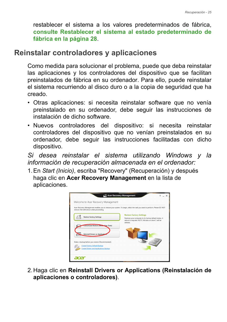 Reinstalar controladores y aplicaciones | Acer Aspire E1-470PG User Manual | Page 25 / 101
