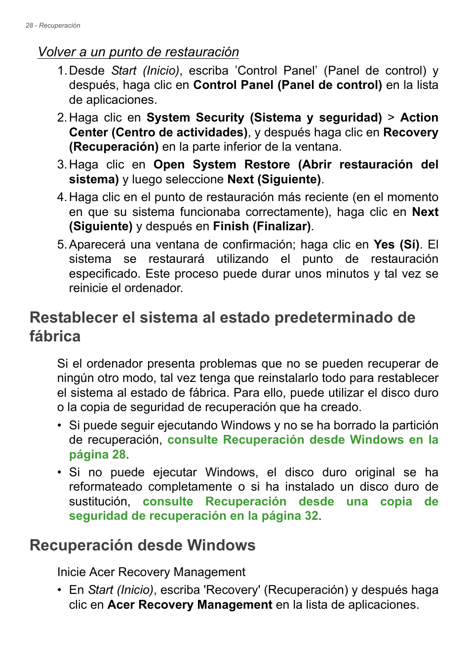 Recuperación desde windows | Acer Aspire E1-470PG User Manual | Page 28 / 101