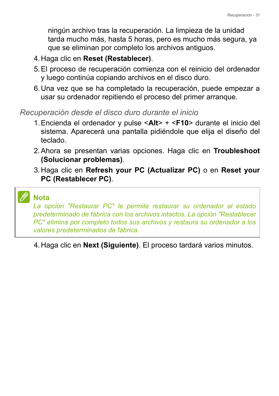 Recuperación desde el disco duro durante el inicio | Acer Aspire E1-470PG User Manual | Page 31 / 101