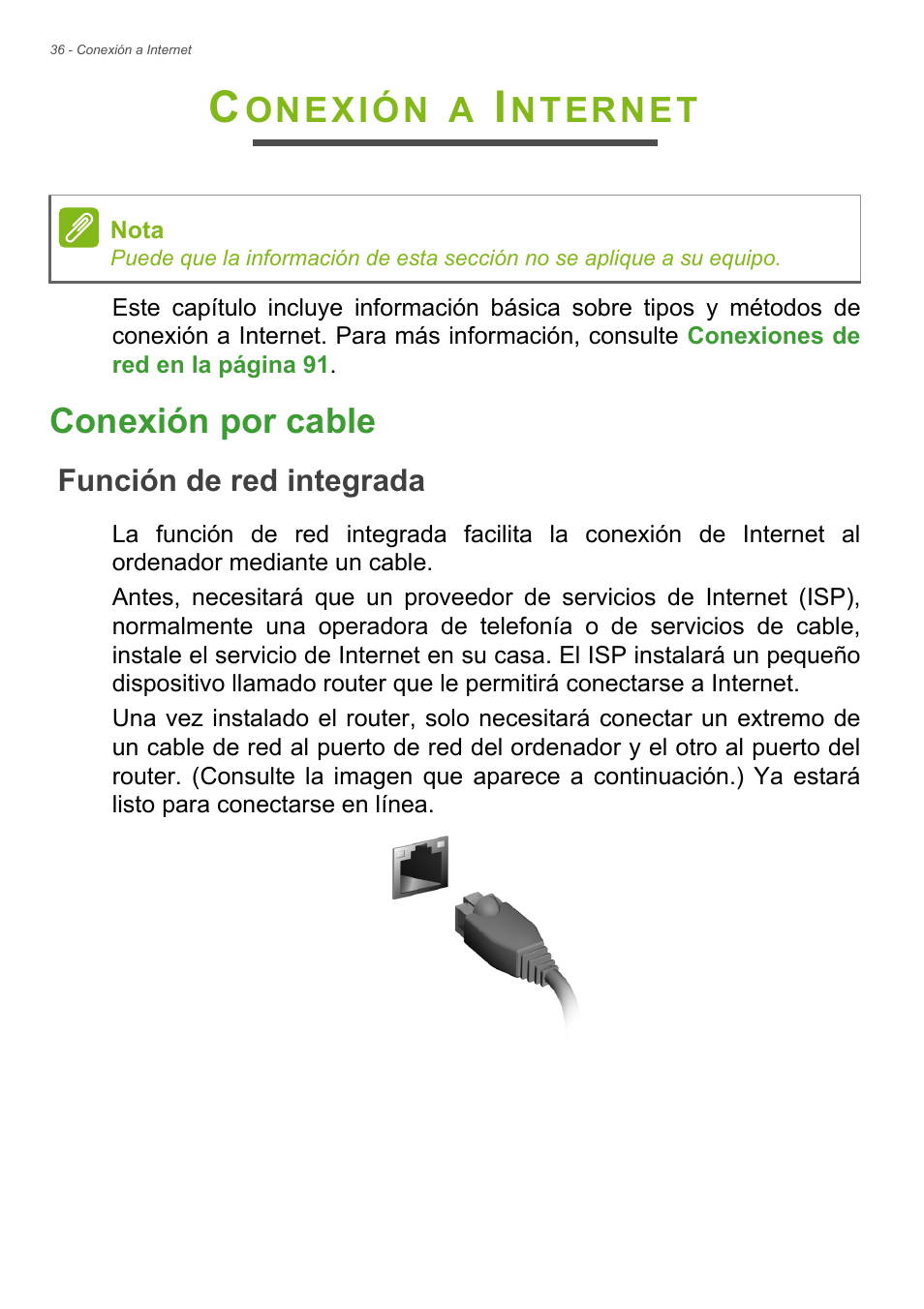 Conexión a internet, Conexión por cable, Función de red integrada | Onexión, Nternet | Acer Aspire E1-470PG User Manual | Page 36 / 101