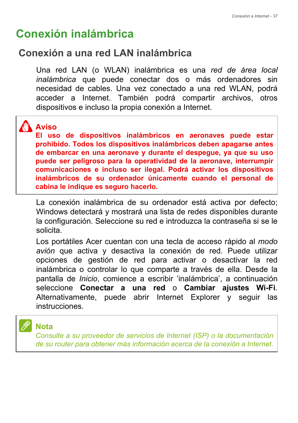 Conexión inalámbrica, Conexión a una red lan inalámbrica | Acer Aspire E1-470PG User Manual | Page 37 / 101